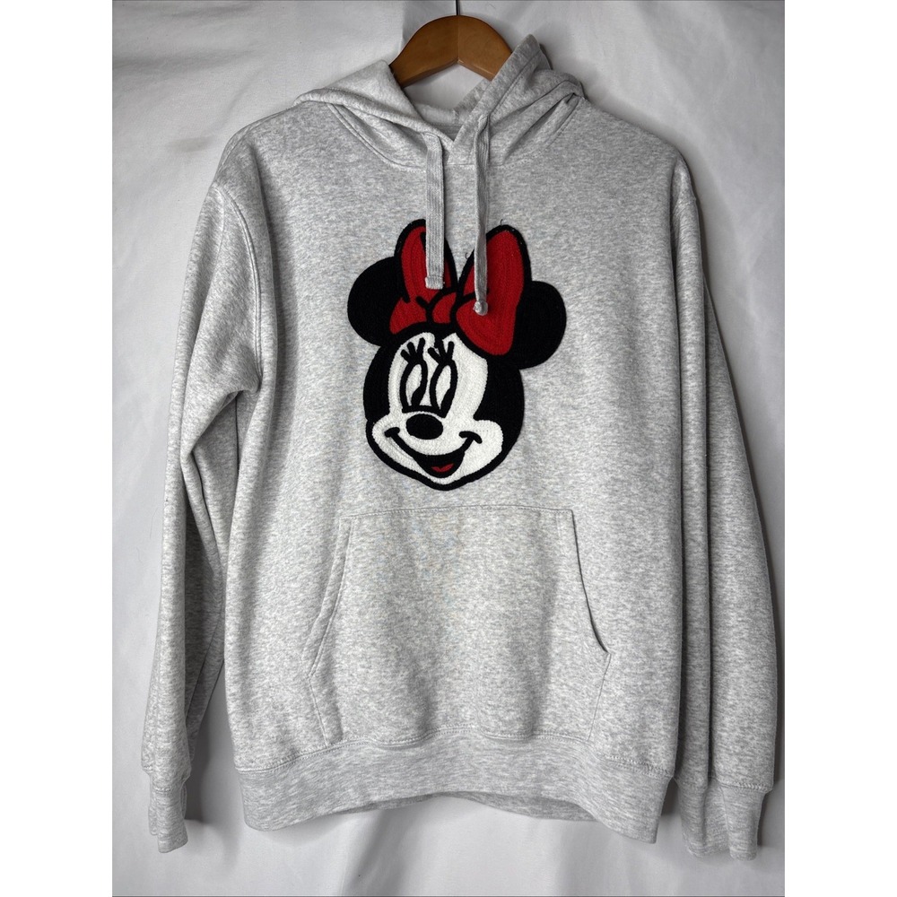 Disney Minnie Mouse L Heather Gray Chenille Crochet Graphic Hoodie‎ Sweatshirt